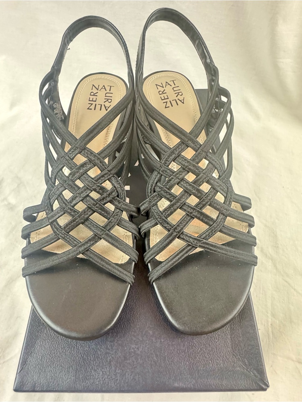 Naturalizer Black Woven Strappy Slingback Short Wedge Heel Sandals